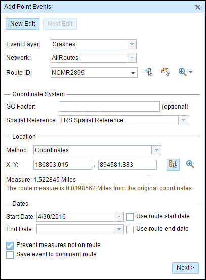 Add Point Events widget with coordinates